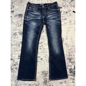 Salvage Jeans Mens Blue Mayhem Regular Bootcut Buckle Denim Thick Stitch 33Bx32